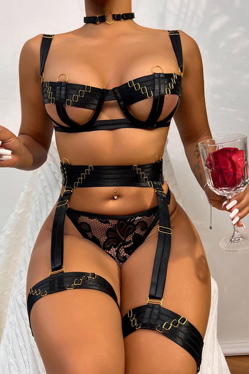 Sexy Black Strappy Cupless O-Ring Detail Lingerie Set