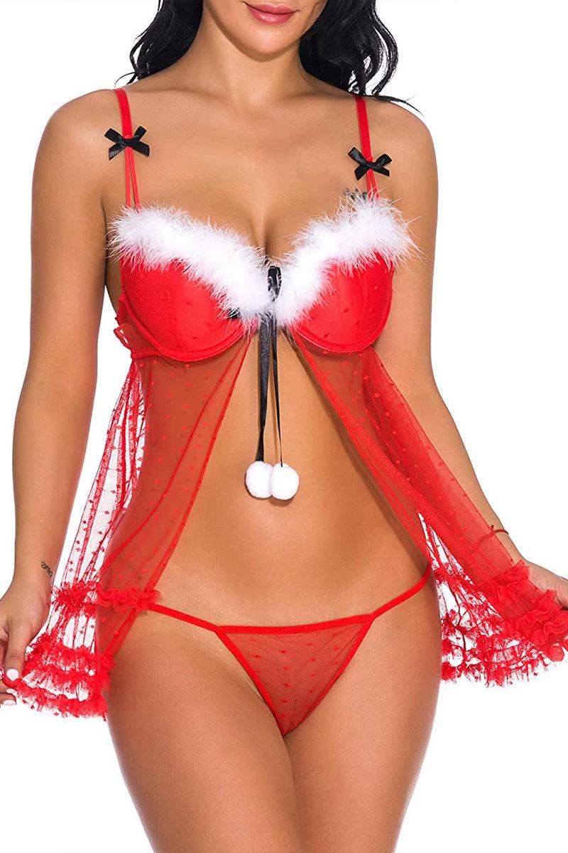 Sexy Holiday Red Fuzzy Trim Mesh Open Front Nightdress Set With Thong