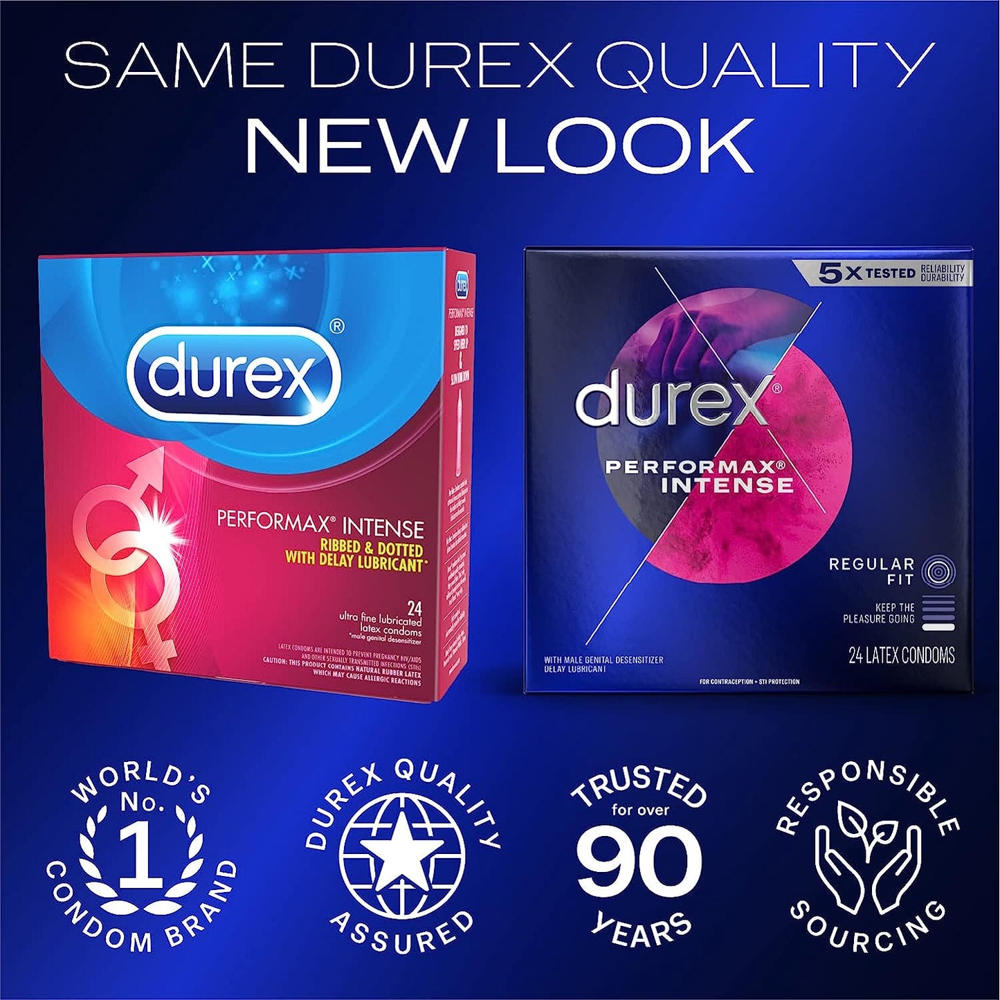 Durex - Performax Intense Natural Rubber Latex Condoms, Regular Fit, 24 Count, Contains Desensitizing Lube for Men, FSA & HSA Eligible (Packaging May Vary)