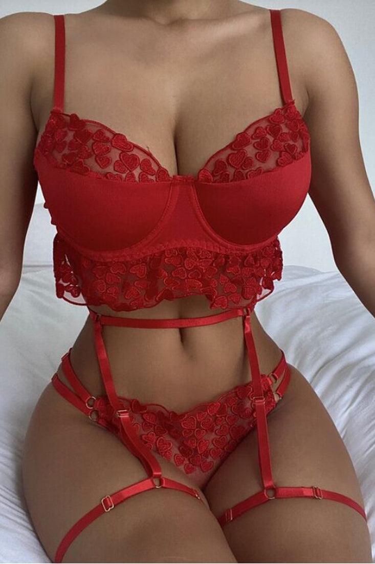 Sexy Red Heart Embroidered Mesh Lingerie Set