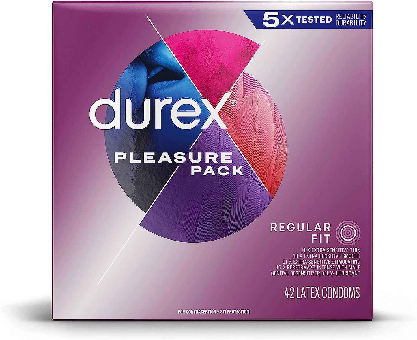 Durex - Assorted Pleasure Pack, Lubricated Latex Condoms for Men, 42 Count