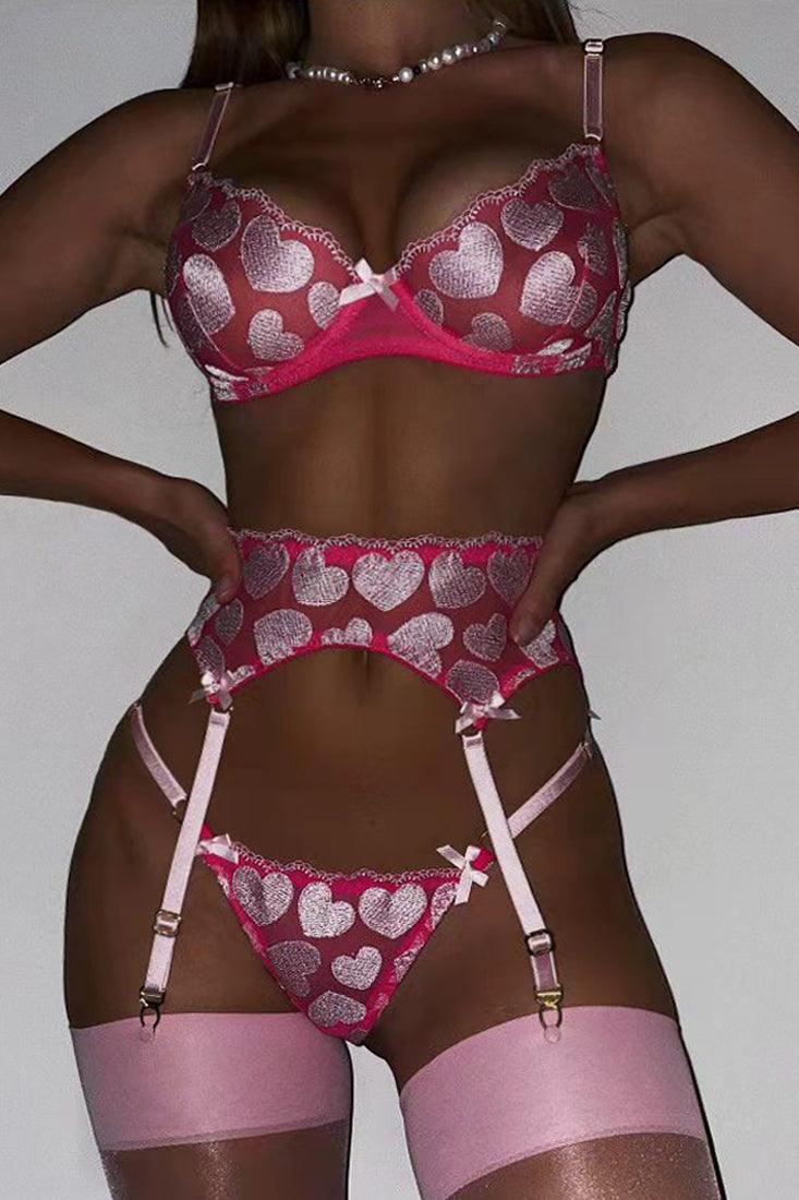 Pink Heart Pattern Ribbon Bow Sexy Lingerie Set