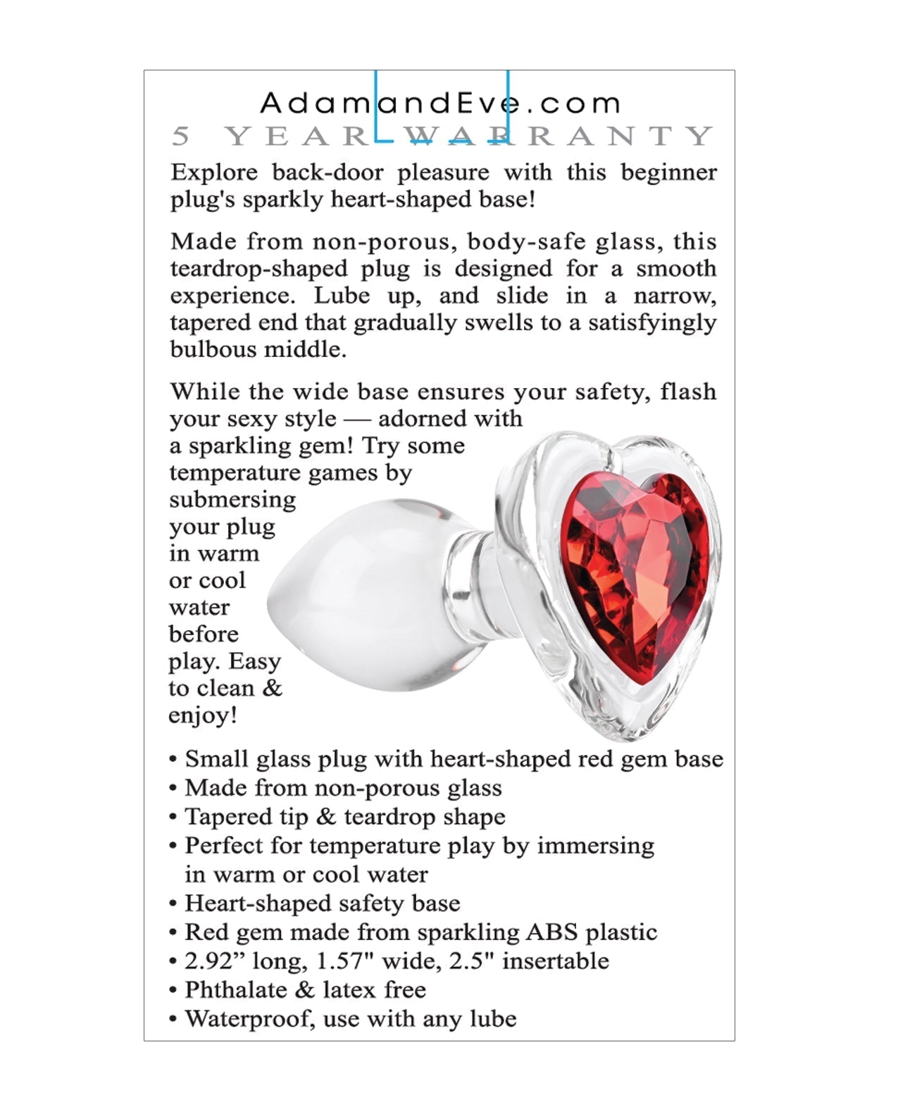 Adam & Eve Red Heart Gem Glass Plug - Small