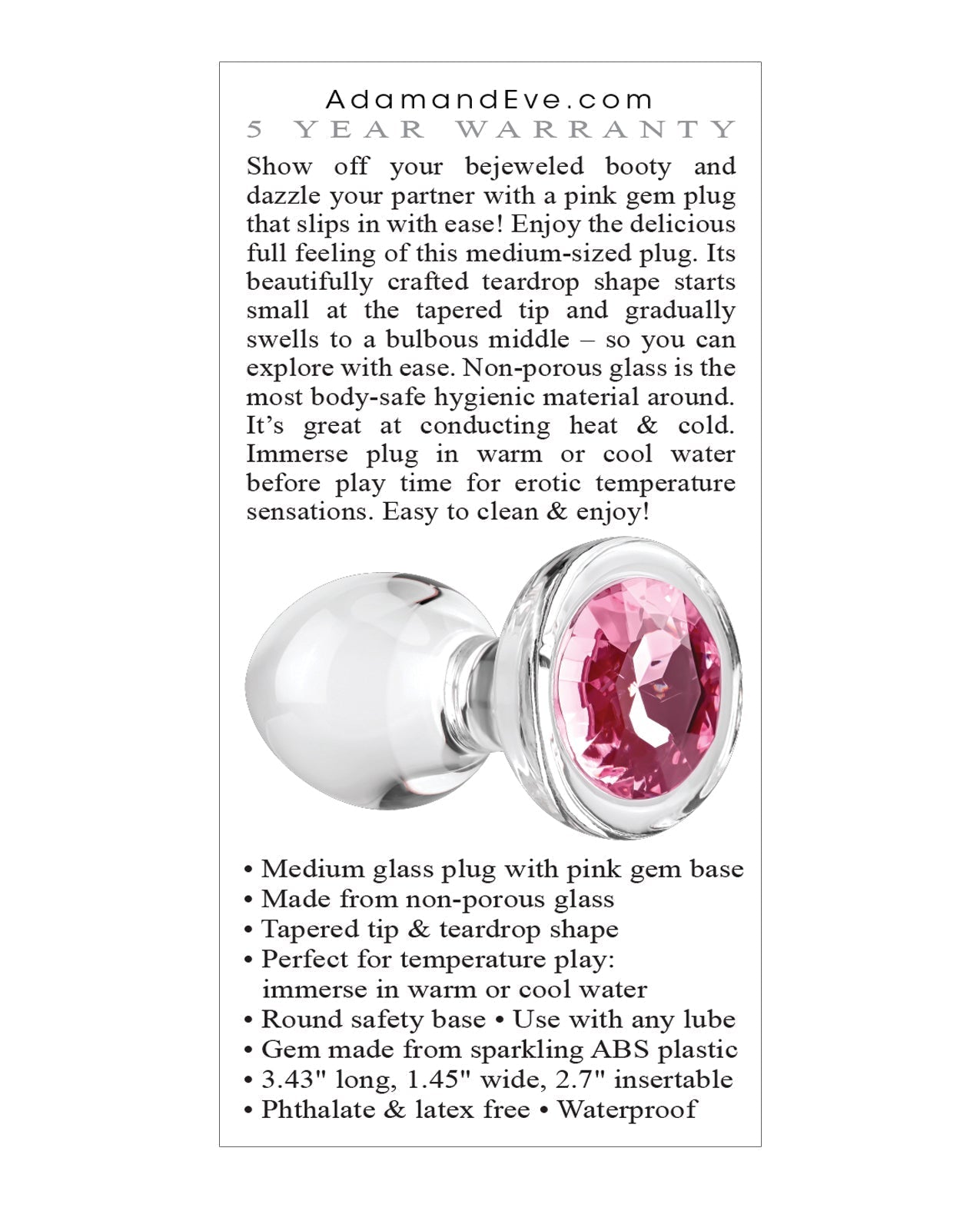 Adam & Eve Pink Gem Glass Plug - Medium