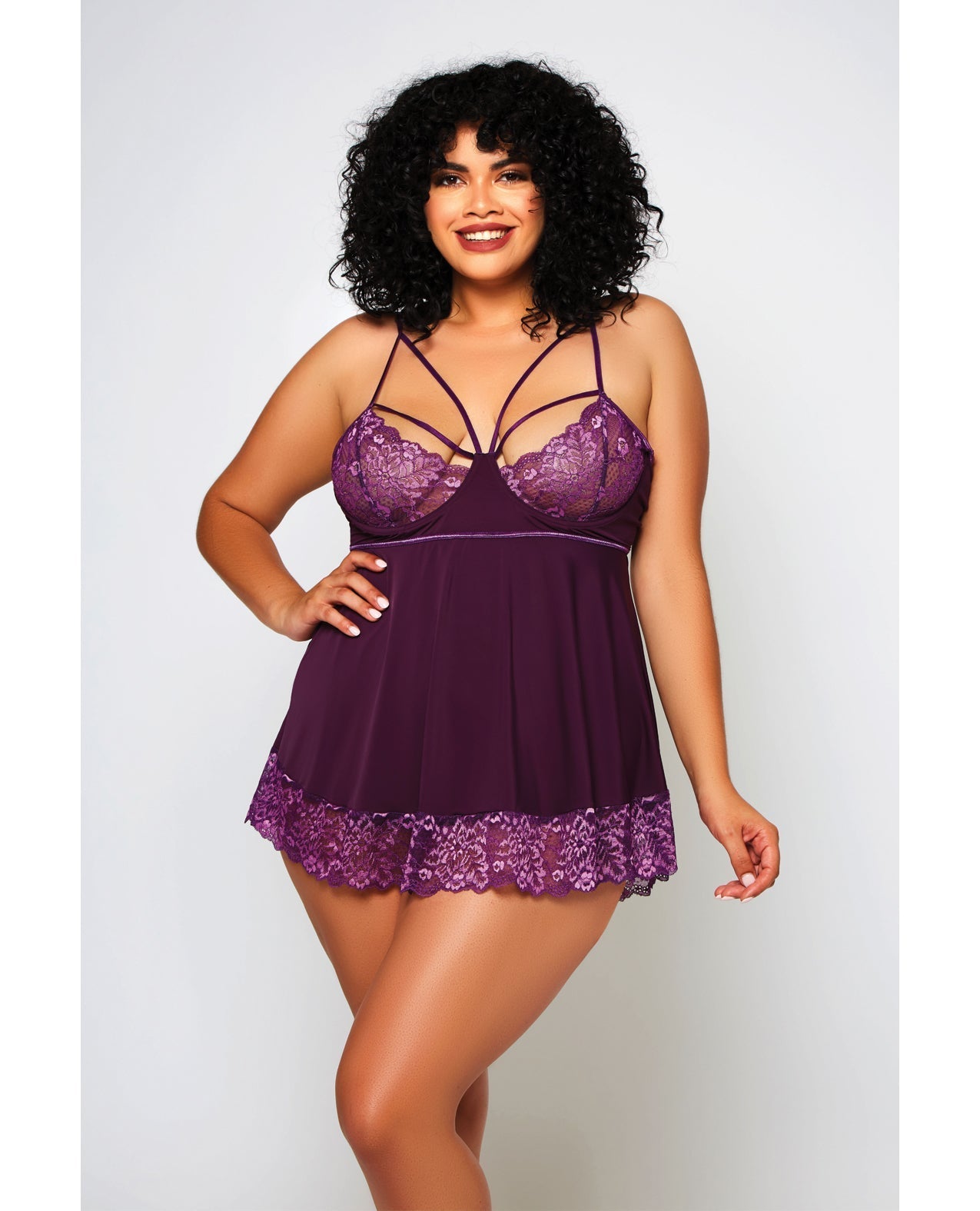 Babydoll und String aus Cross-Dye-Spitze und Mikrofaser, Violett, 3X