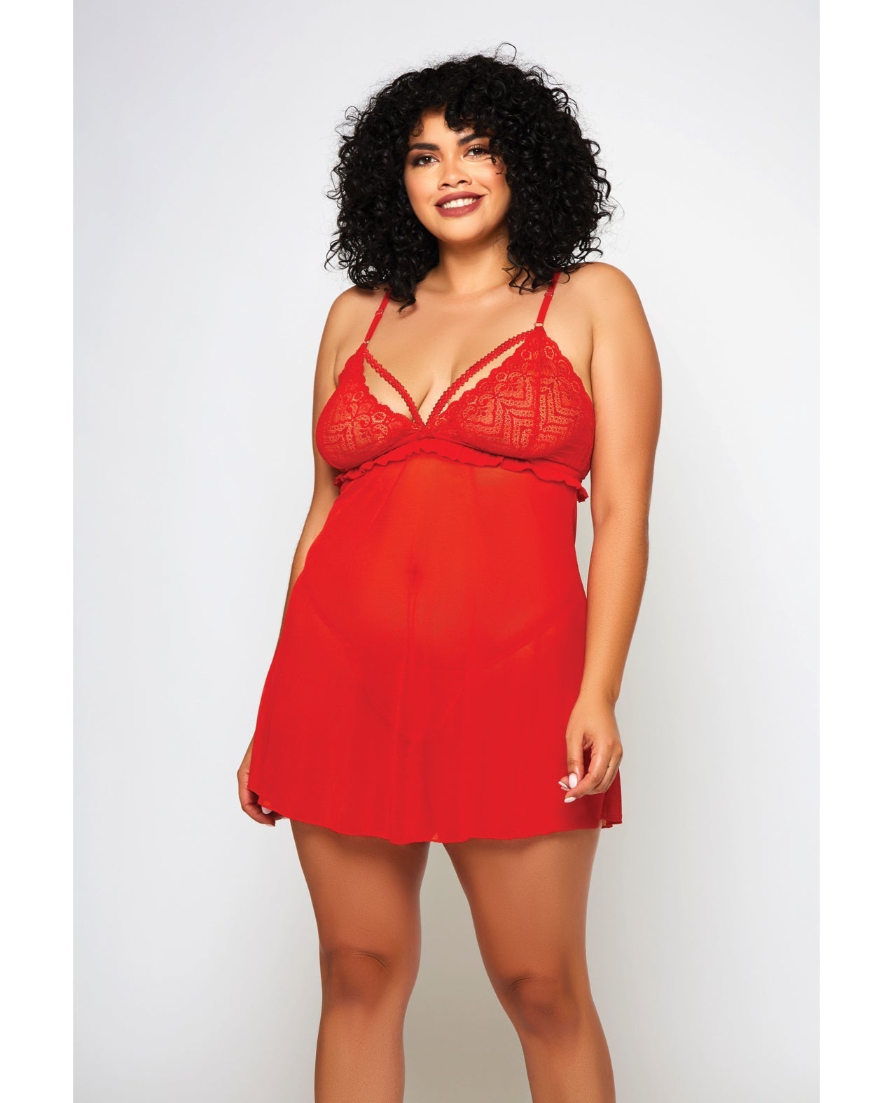 Babydoll und String aus Gallonenspitze und feinem Netzstoff, Rot, 2X