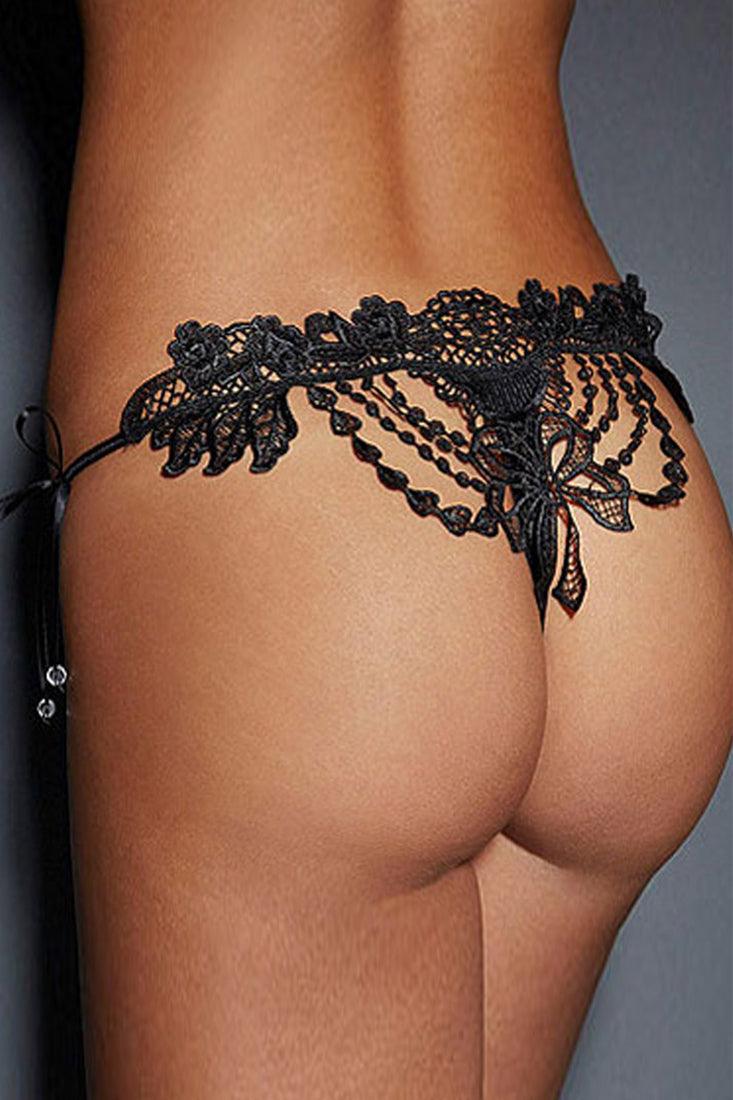 Black Floral Embroidered Mesh Cheeky Thong