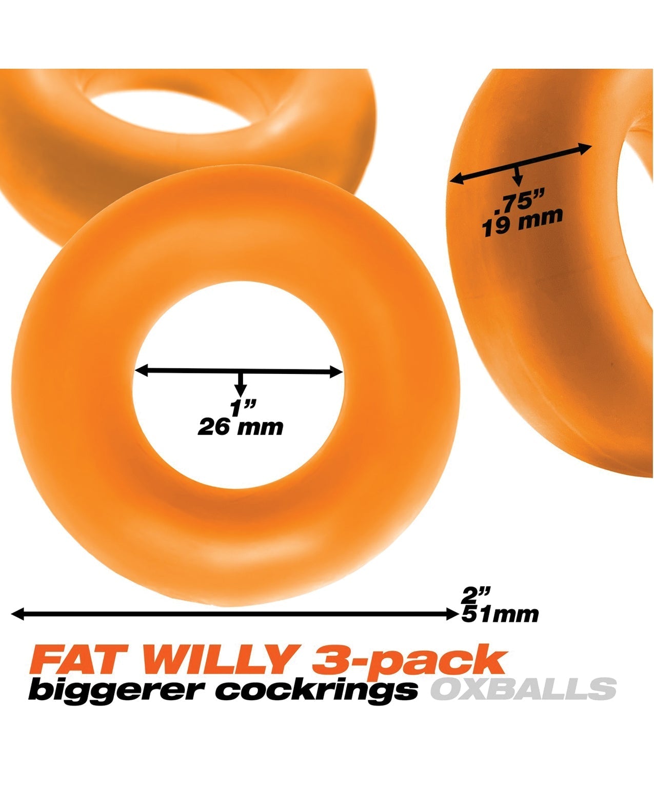 Oxballs Fat Willy Jumbo-Penisringe, 3er-Pack, Orange