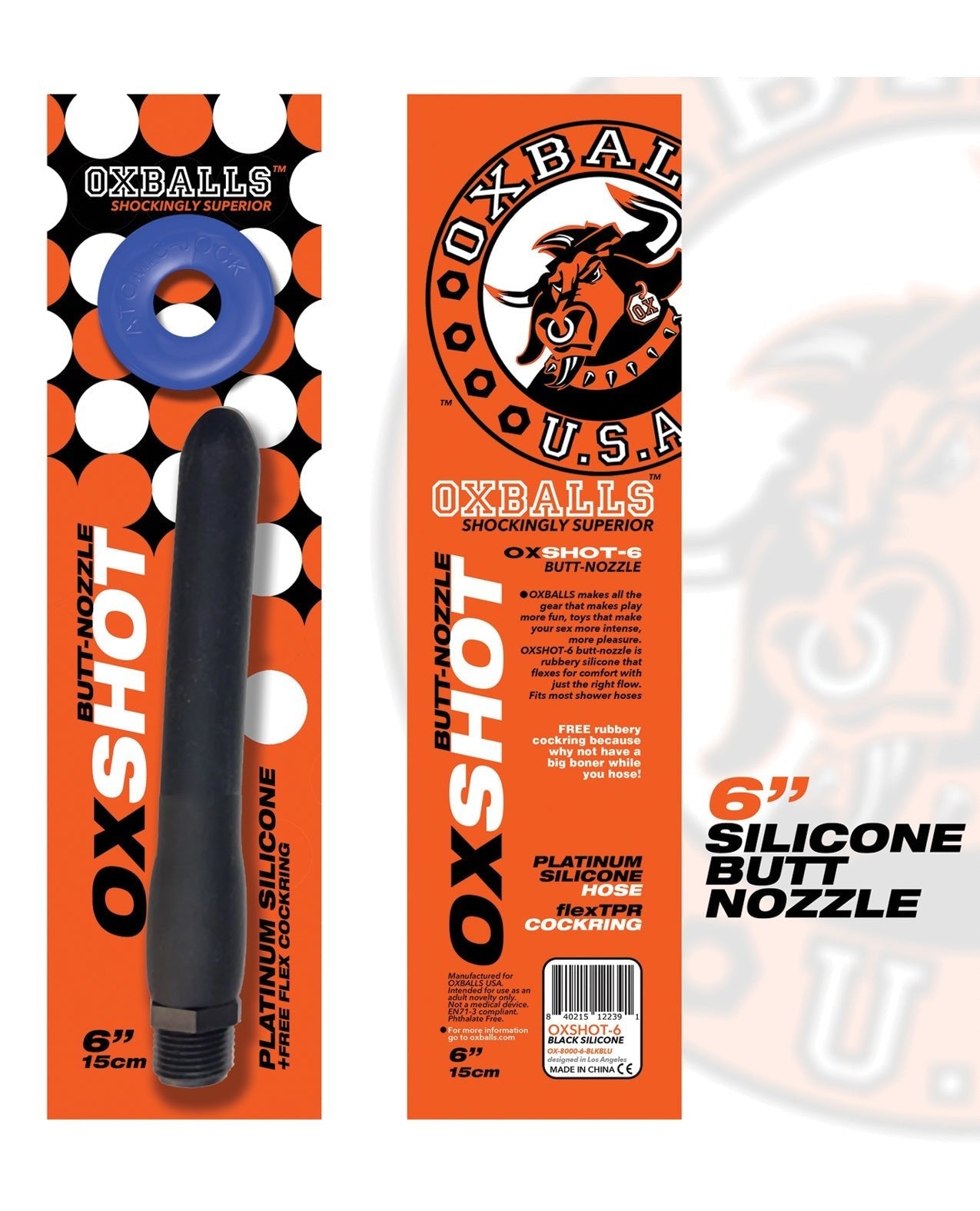 Oxballs Oxshot 6" Silikon-Analdüse mit flexiblem Cockring - Schwarz/Blau