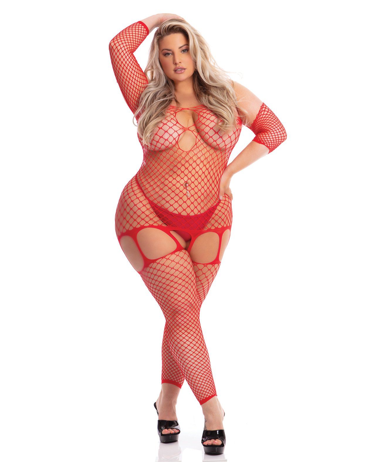 Bodystocking en filet avec rouge à lèvres rose dans ma tête Rouge QN