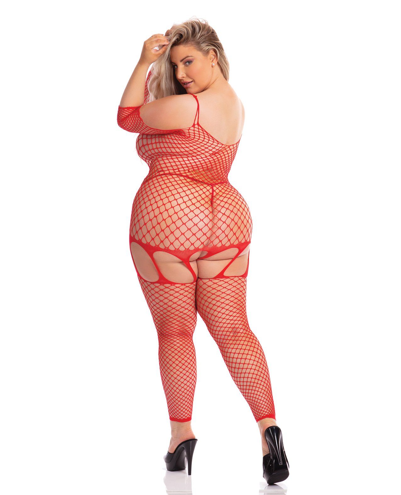 Bodystocking en filet avec rouge à lèvres rose dans ma tête Rouge QN