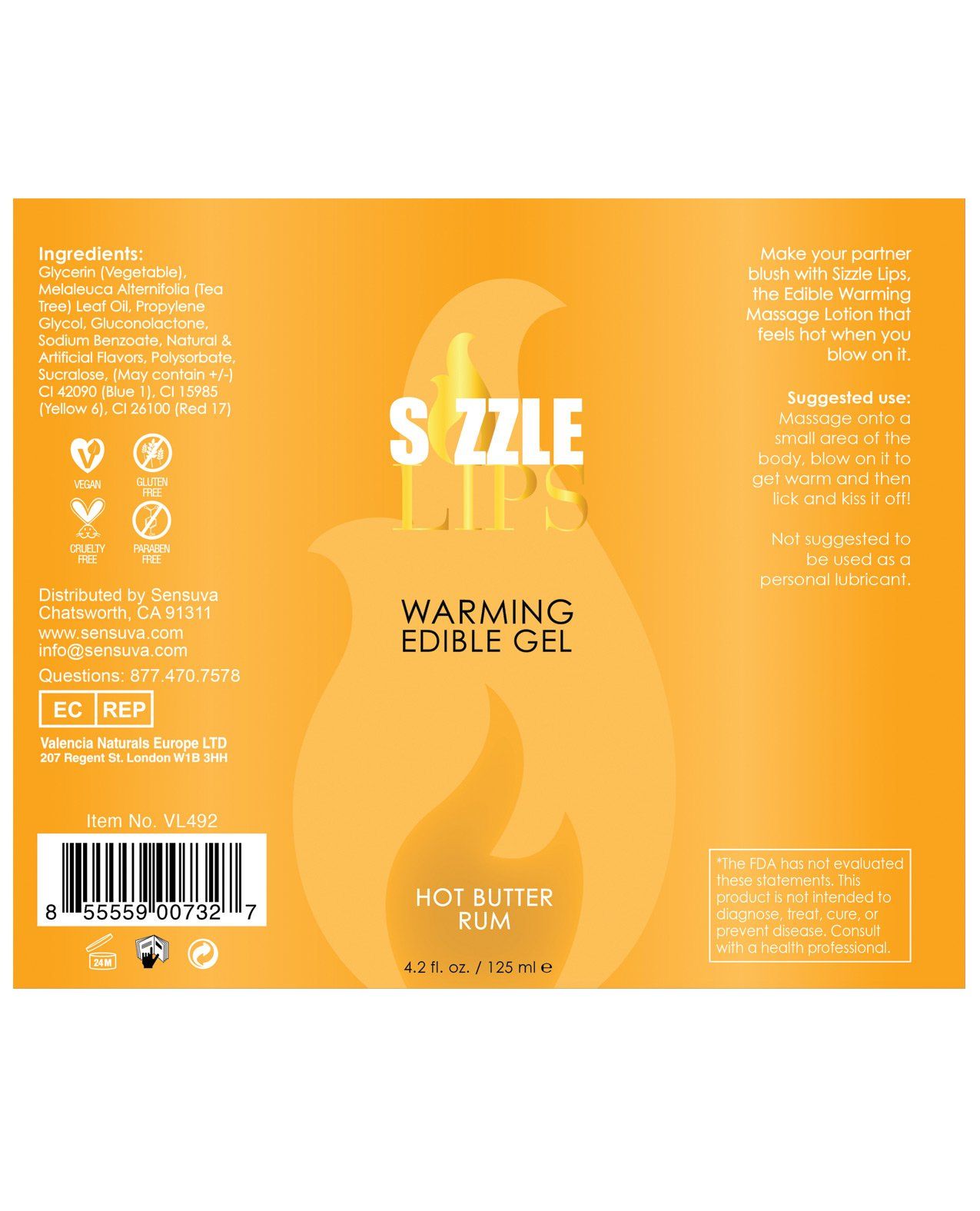 Sizzle Lips Warming Gel - 4,2 oz Flasche Butter Rum