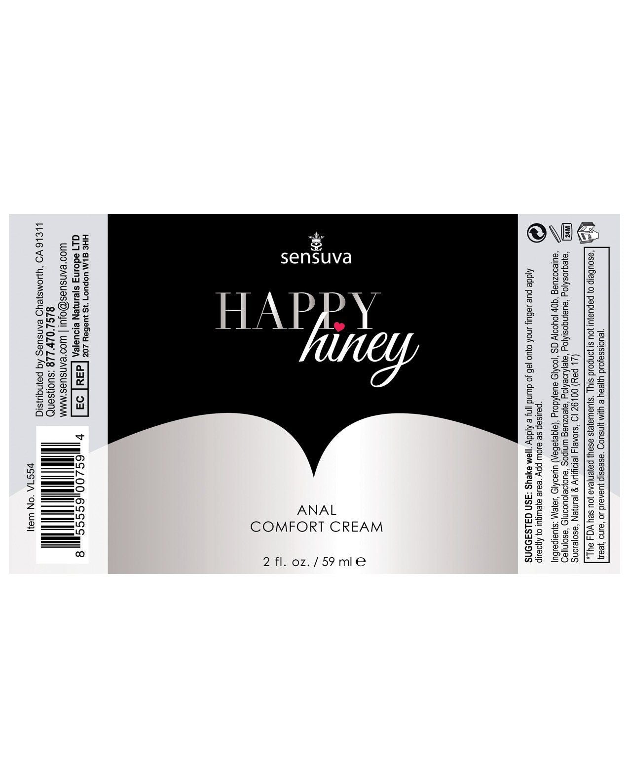 Sensuva Happy Hiney Anal Comfort Creme - 2 oz