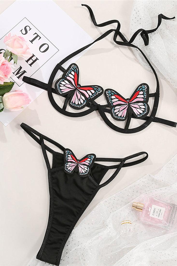 Black Halter Butterfly Embroidered Strappy 2 Pc Lingerie Set