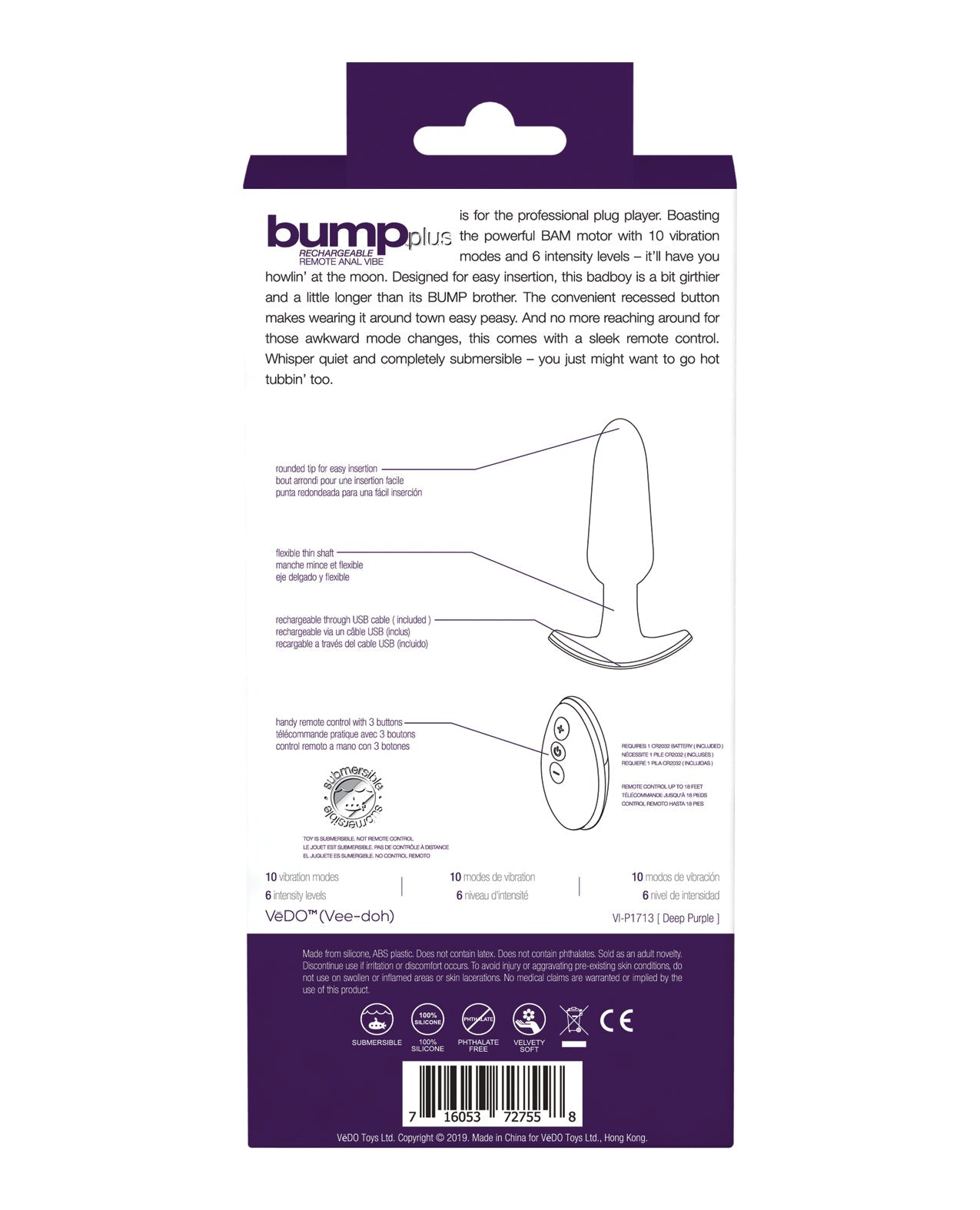 VeDO Bump Plus Rechareable Remote Control Anal Vibe - Deep Purple