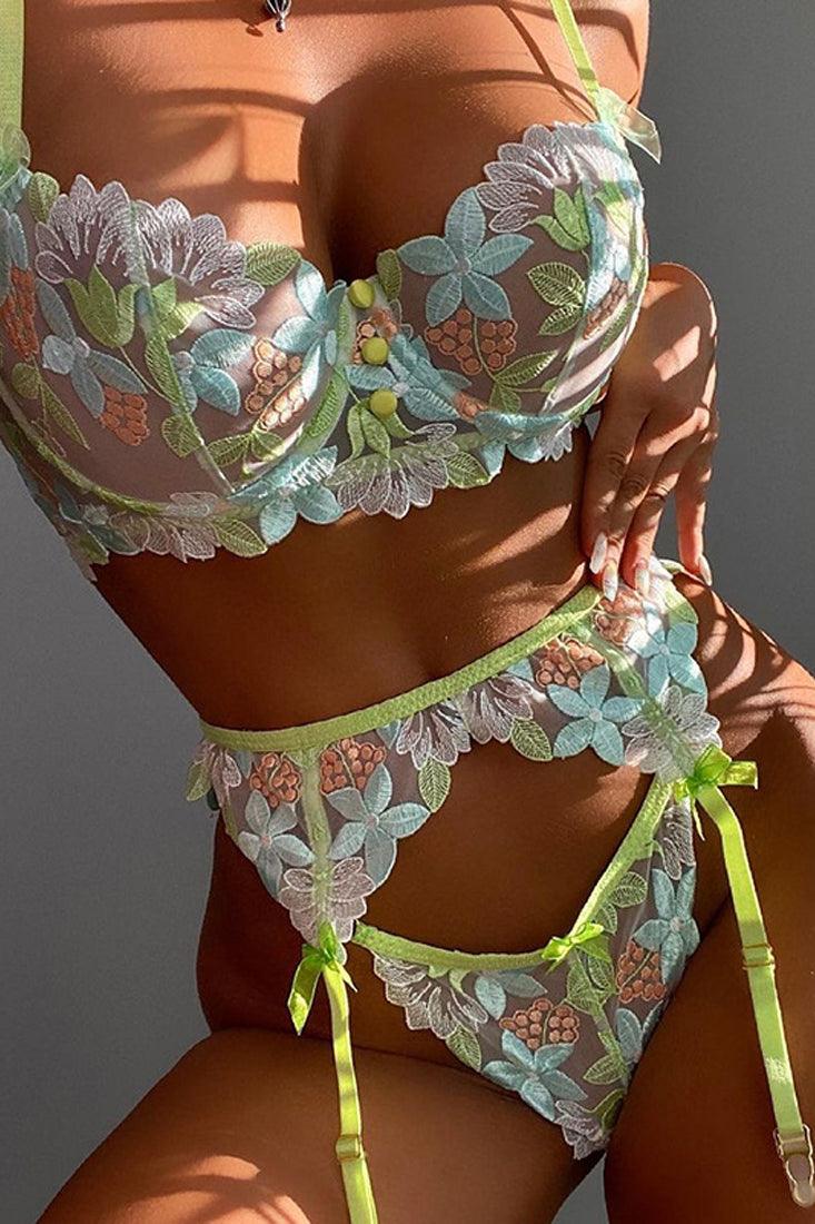 Green Floral Embroidered Mesh Underwire Sexy Lingerie 3 Pc Set