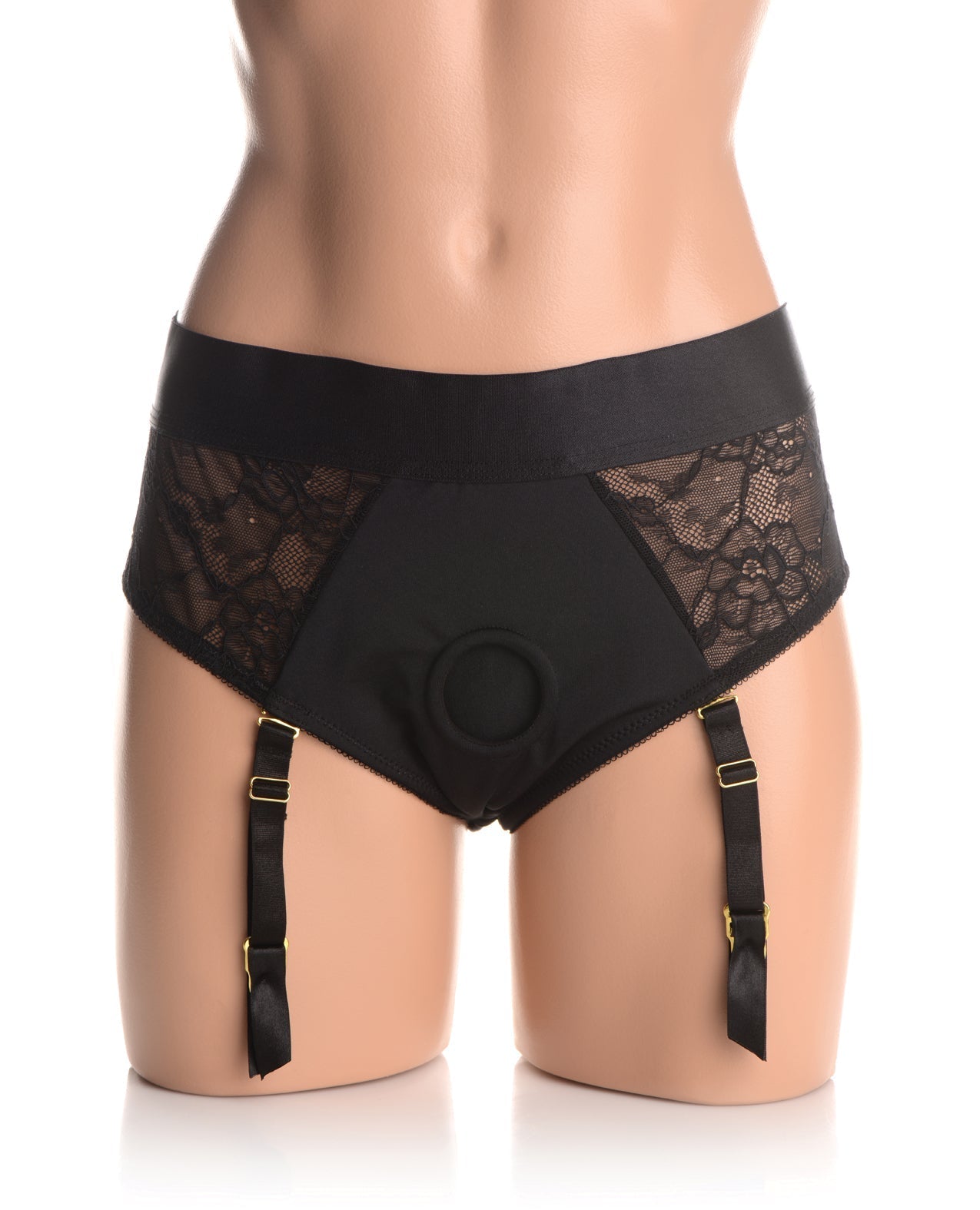 Strap U Laced Seductress Lace Crotchless Panty Harness w/Garter Straps - S/M Black