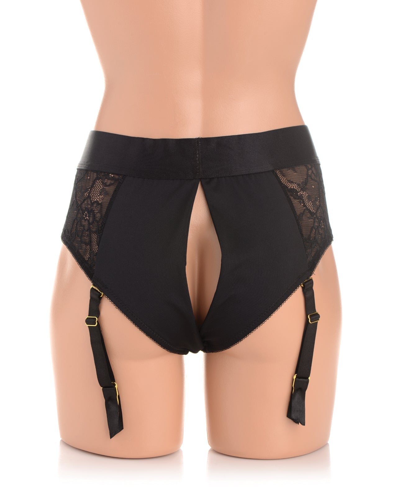 Strap U Laced Seductress Lace Crotchless Panty Harness w/Garter Straps - S/M Black