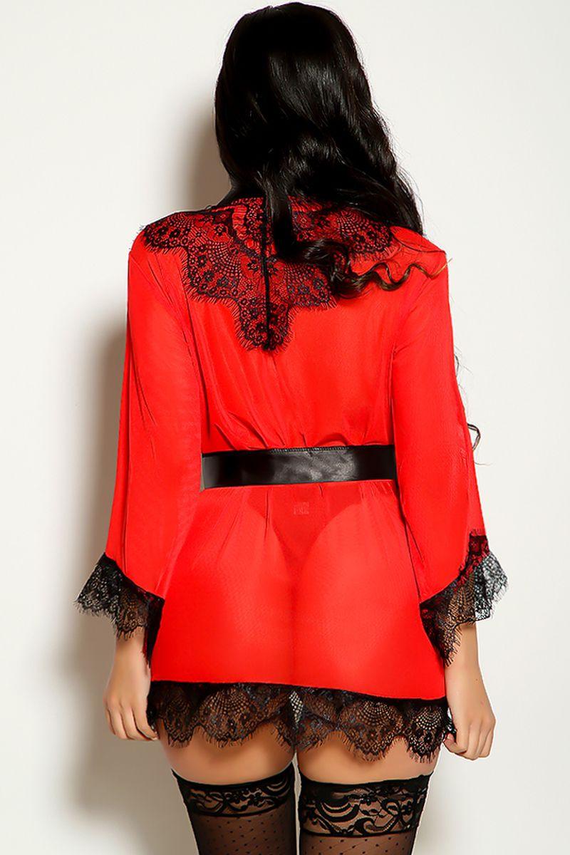 Red Black Lace Mesh Belted Robe
