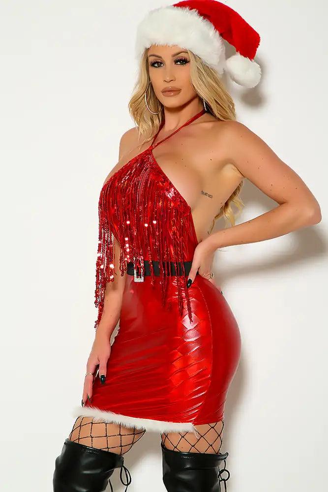 Red Metallic Sequins Faux Fur Belted Holiday Costume Dress